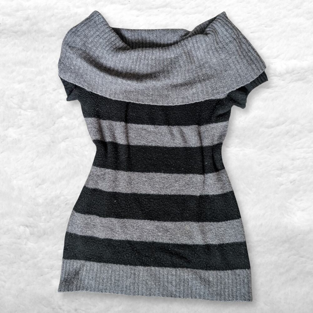 y2k-style next era couture gray black striped off shoulder sweater tunic